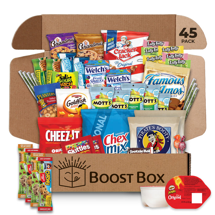 BOOST BOX (45) – Premium Snack Boxes, Care Packages & Gifts Baskets for Kids, College Students, Girls & Boys – Candy Food Bundle Packs for Birthdays, Final Exam, Halloween, Valentines, Christmas