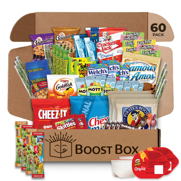 BOOST BOX (60) – Premium Snack Boxes, Care Packages & Gifts Baskets for Kids, College Students, Girls & Boys – Candy Food Bundle Packs for Birthdays, Final Exam, Halloween, Valentines, Christmas