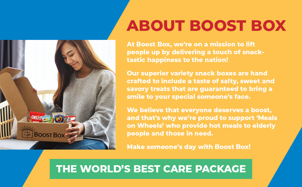 BOOST BOX (50) – Premium Snack Boxes, Care Packages & Gifts Baskets for Kids, College Students, Girls & Boys – Candy Food Bundle Packs for Birthdays, Final Exam, Halloween, Valentines, Christmas